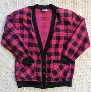 VTG Eber International Black Pink Plaid Flannel 80s 90s Cardigan Sweater Medium
